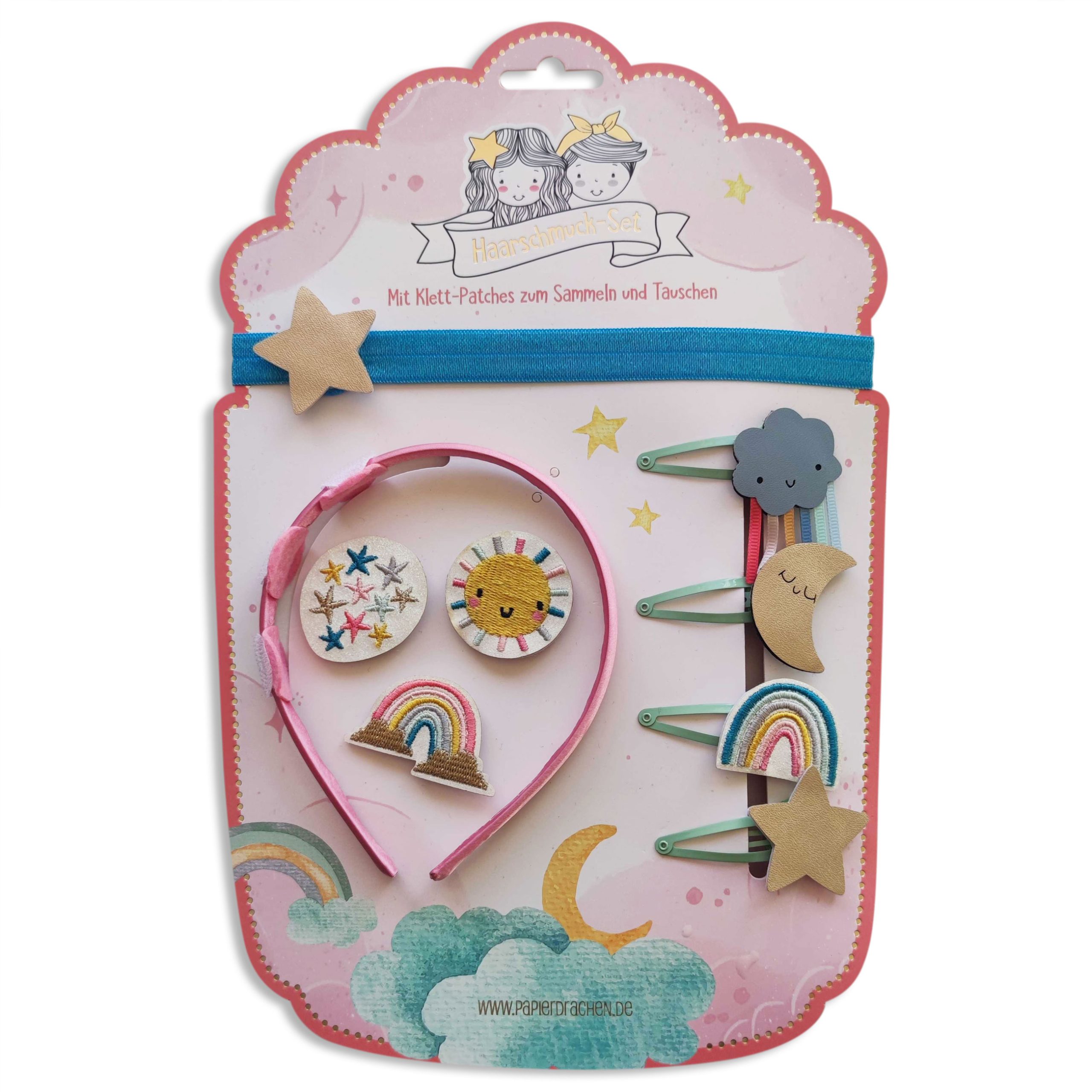 Haarschmuck Set – Haarreif mit Patches – Regenbogen
