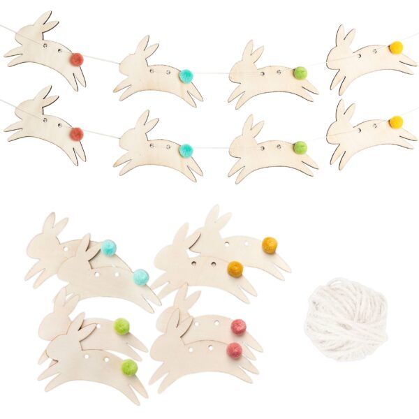 Wandgirlande Holz Hasen mit Pompons Set 01