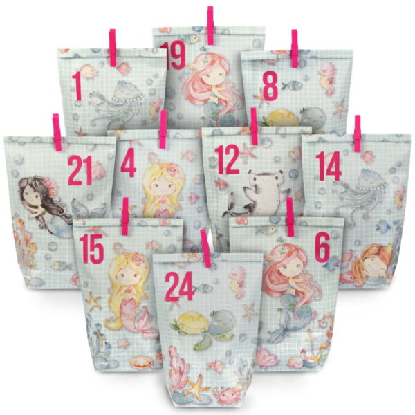 Adv Bedruckte Tüten Meerjungfrau mit pinken Klammern - Set 10