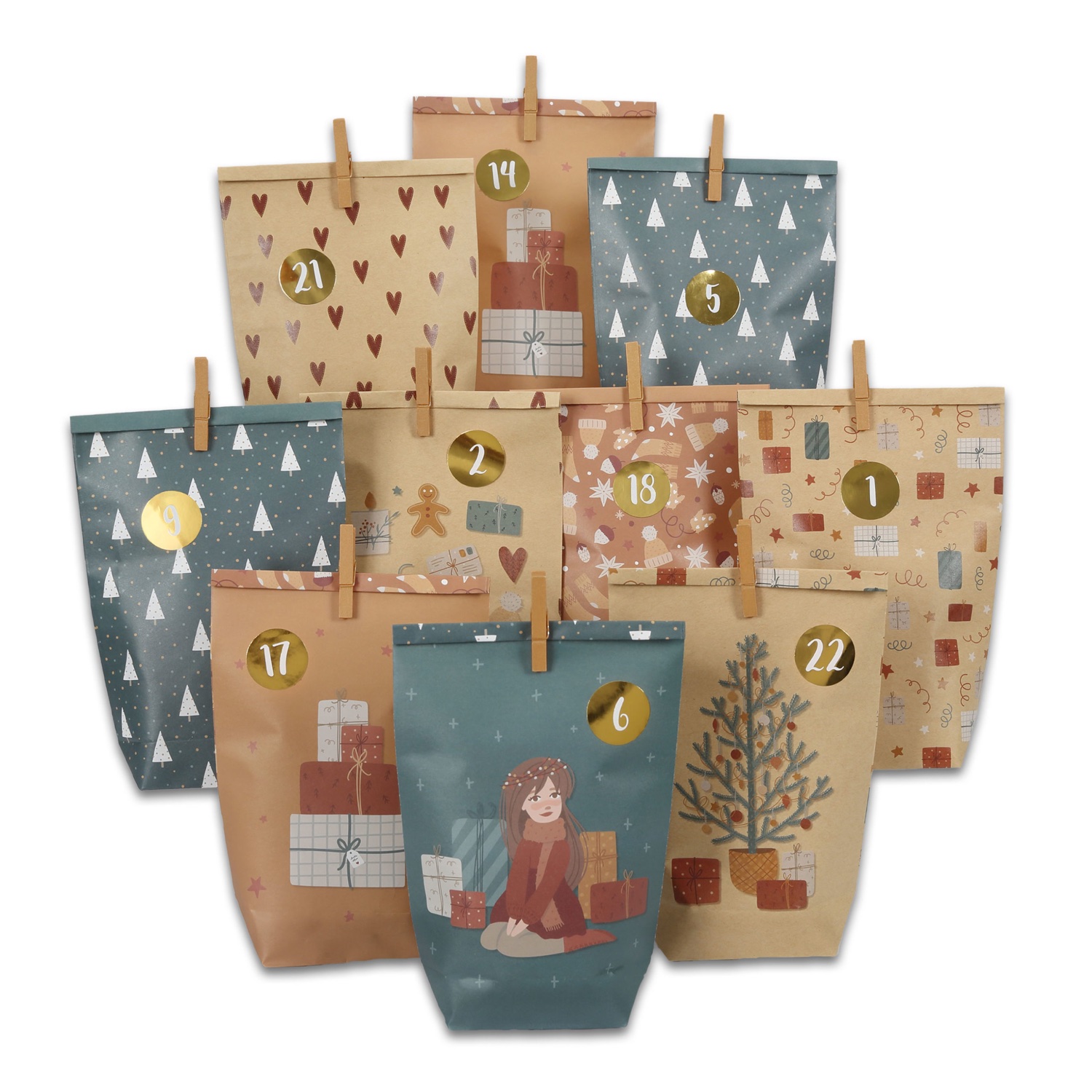 Adventskalender mit bedruckten Tüten - Petrol