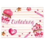 12 Einladungskarten zum Geburtstag – Törtchen rosa – Bild 3